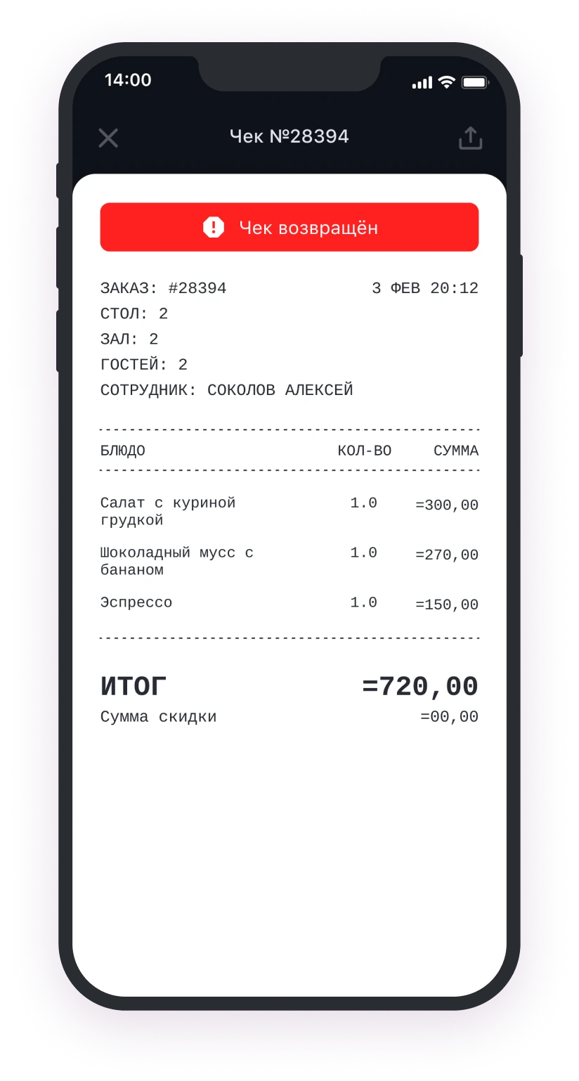 отчет по чека в ресторане