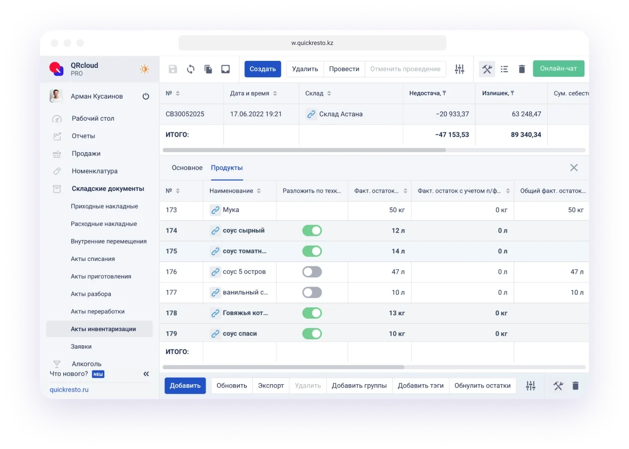 инвентаризация в кафе
